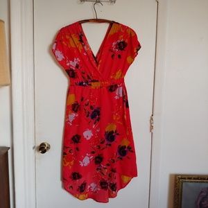 Poly floral faux wrap dress, high low hem